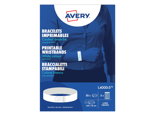[TIM-L40005] Polsbandjes Avery bedrukbaar 18x265mm wit (50)