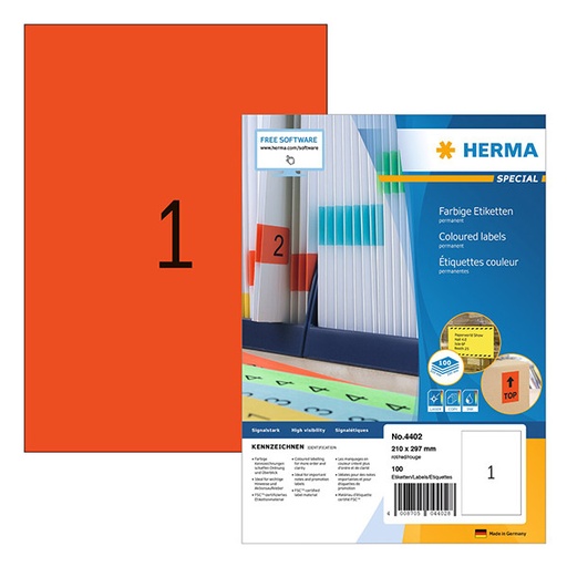[HER-4402] Etiketten Herma 01 etik/bl 210x297mm rood (100)