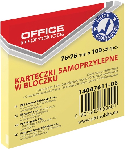 [TIM-4761106] Memoblok OFFICE products ft 76 x 76 mm geel 100vel