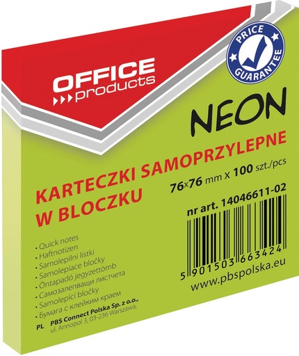 [TIM-4661102]  Memoblok Neon OFFICE products ft 76 x 76 mm 100 vel neongroen