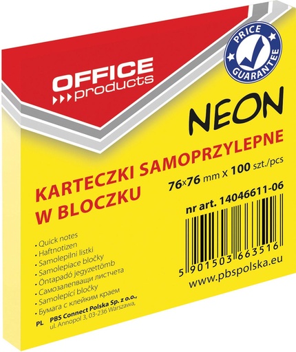 [TIM-4661106]  Memoblok Neon OFFICE products ft 76 x 76 mm 100 vel neongeel