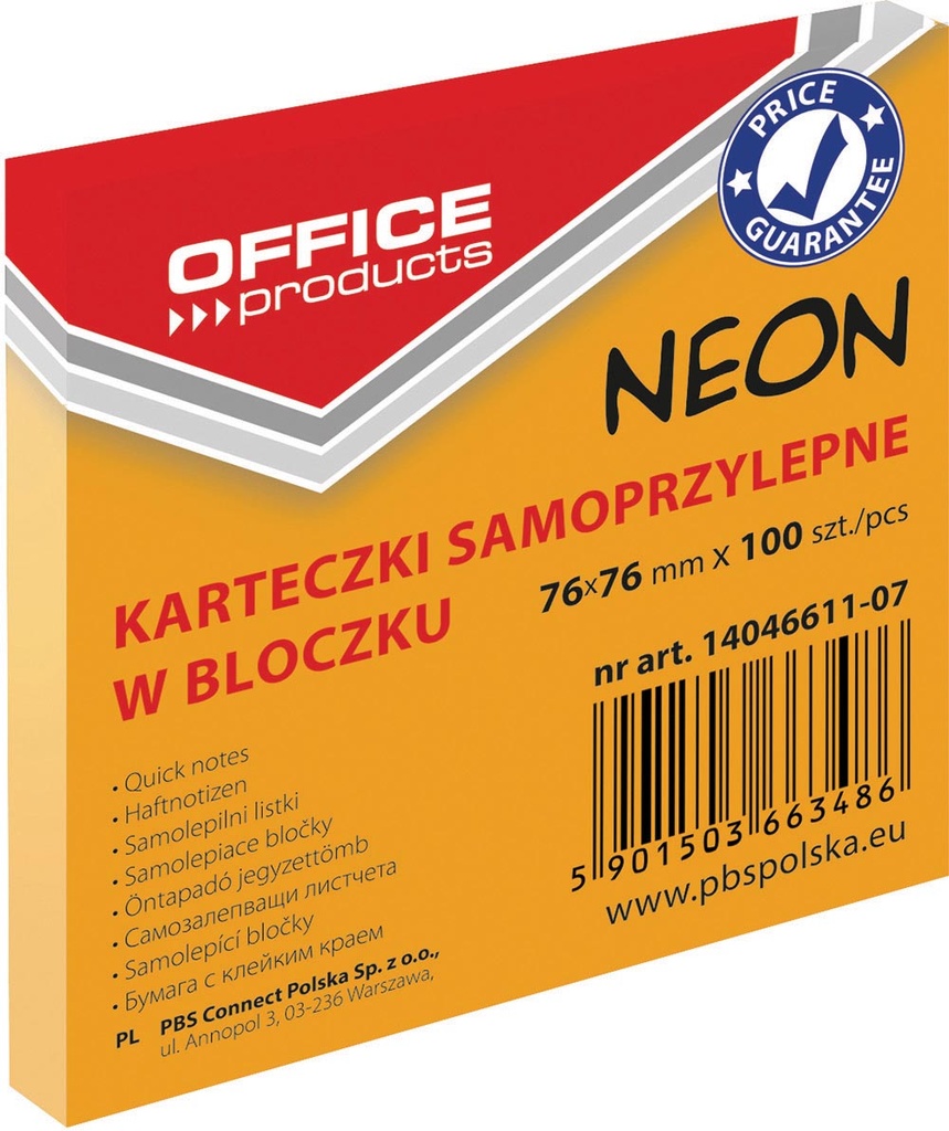  Memoblok Neon OFFICE products ft 76 x 76 mm 100 vel neonoranje