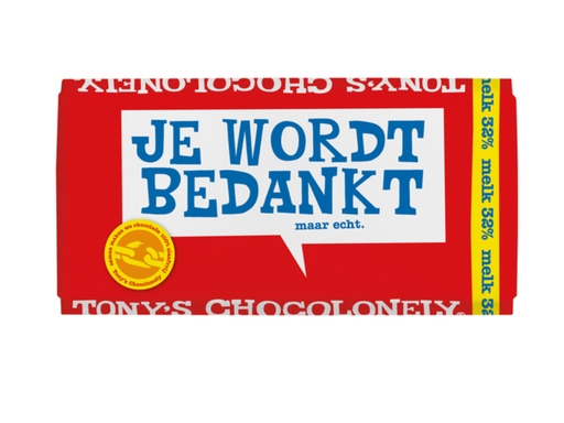 [QUA-NLRSG2M180] Chocolade Tony's Chocolonely melk bedankt reep 180gr