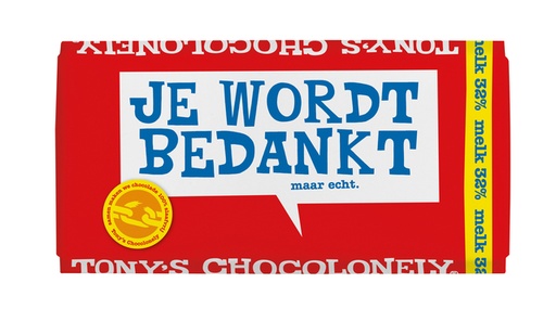 [QUA-NLRSG2M180] Chocolade Tony's Chocolonely melk bedankt reep 180gr