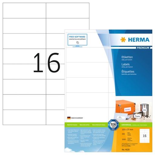 [HER-4620] Etiketten Herma 16 etik/bl 105x37mm premium wit (200)