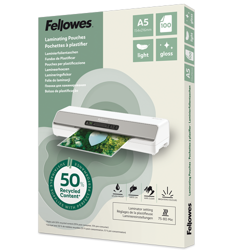 [FEL-100143440] Lamineerhoezen Fellowes 50% gerecycled materiaal - Light A5 Glanzend (100) 
