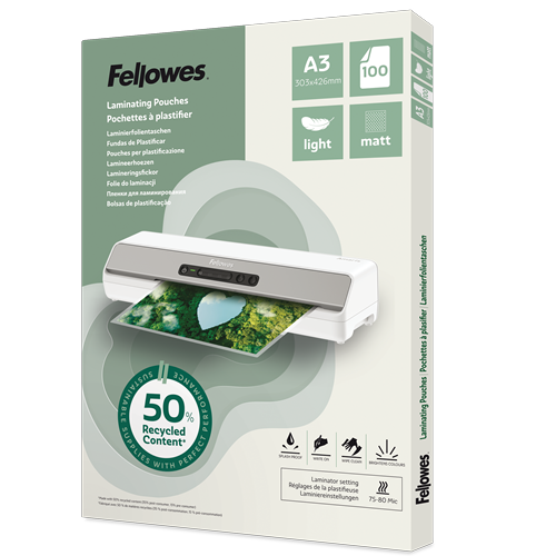 [FEL-100143436] Lamineerhoezen Fellowes 50% gerecycled materiaal - Light A3 mat (100) 