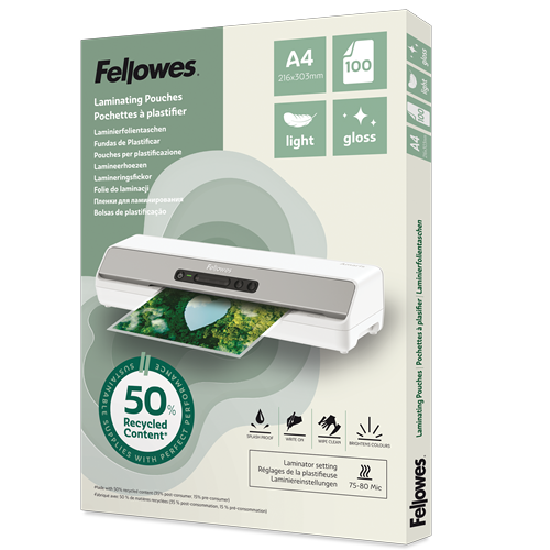 [FEL-100142987] Lamineerhoezen Fellowes 50% gerecycled materiaal - Light A4 glanzend (100)