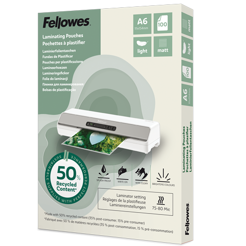 [FEL-100143438] Lamineerhoezen Fellowes 50% gerecycled materiaal - Light Mat A6 (100)