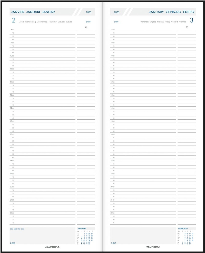 Agenda Aurora Longo LA211 Balacron 140x340mm zestalig assorti 2025 1 dag/pagina