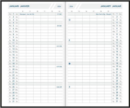 [AGE-A1914] Zakagenda Aurora Oraplan 19 Seta 105x165mm viertalig assorti 2026 1 maand/2 pagina's