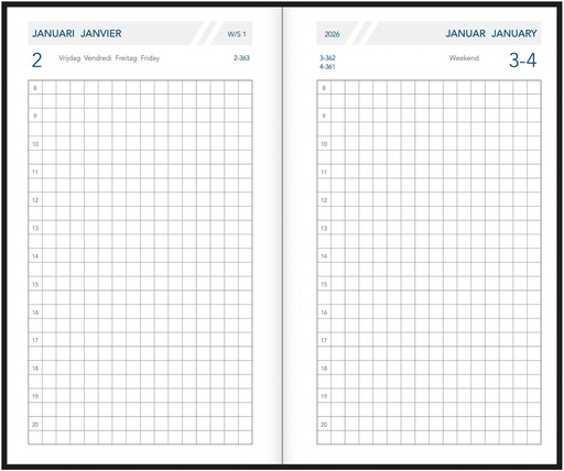 [AGE-A1014ZW] Zakagenda Aurora Technica 10 Seta 105x165mm viertalig zwart 2027 1 dag/pagina