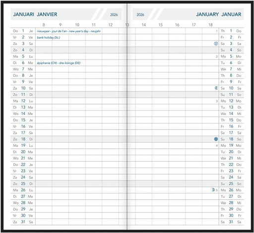 [AGE-A2614] Zakagenda Aurora Foldplan 26 Seta 90x165mm viertalig assorti 2026 1 maand/2 pagina's