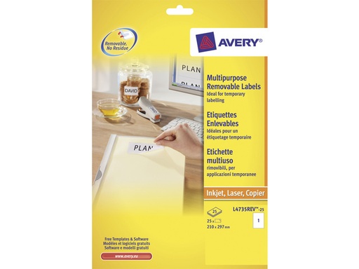 [AVE-L4735REV-25] Etiket Avery Removable 01 etik/bl 210x297mm voor inkjet, copier en laser wit (25)