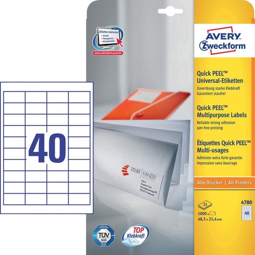 [AVE-4780] Etiketten Avery Universeel 40 etik/bl 48,5x25,4mm wit (25)