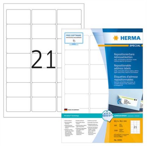 [HER-10301] Etiketten Herma 21 etik/bl 63,5x38,1mm afneembaar (100)