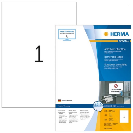 [HER-10315] Etiketten Herma 01 etik/bl A4 210x297mm afneembaar met splitten 100bl/d