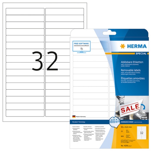 [HER-4209] Etiketten Herma 32 etik/bl 96x16,9mm wit afneembaar (25)