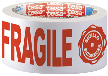 [TIM-07024] Verpakkingstape Tesa 'Fragile' 50mm x 66m wit/rood