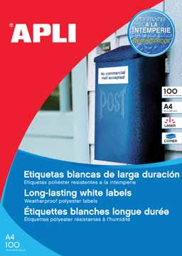 [TIM-12121] Etiketten Apli polyester waterbestendig 1 etik/bl 210x297mm wit (100)