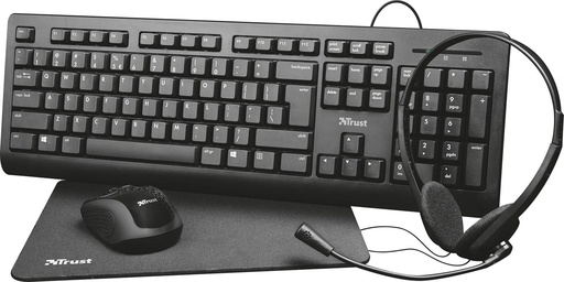 [TIM-24260] Deskset Trust Primo 4-in-1 Home Office met headset, toetsenbord (QWERTY), muis en muismat