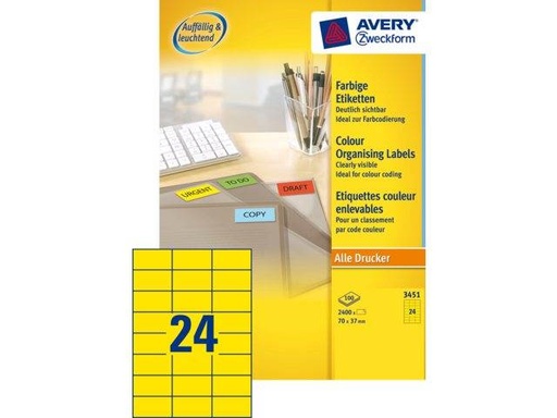 [TIM-3451] Etiketten Avery 24 etik/bl 70x37mm geel (100)
