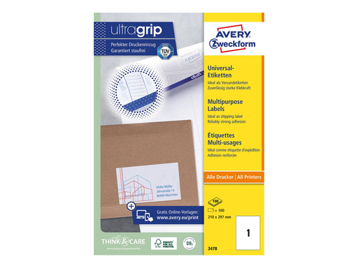 [TIM-3478] Etiketten Avery Universeel 01 etik/bl 210x297mm wit (100)