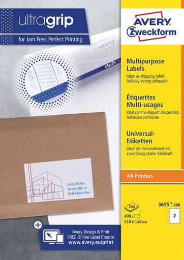 [TIM-3655200] Etiketten Avery Universeel 02 etik/bl 210x148mm wit (200)