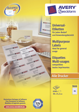 [TIM-3666] Etiketten Avery Universeel 65 etik/bl 38x21,2mm wit (100)