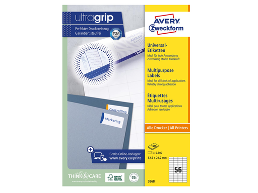 [TIM-3668] Etiketten Avery Universeel 56 etik/bl 52,5x21,2mm wit (100)