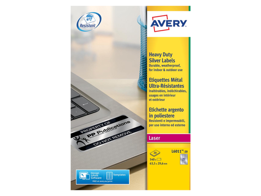 [TIM-601120A] Etiketten Avery Heavy Duty 27 etik/bl 63,5x29,6mm zilver (20)