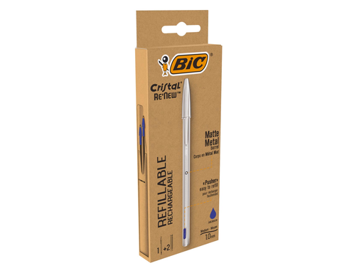 [TIM-997202] Balpen Bic Cristal Re-new zilveren lichaam blauwe inkt inclusief 2 vullingen