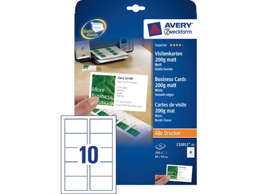 [TIM-C32011] Visitekaart Avery 10 kaarten/bl 85x54mm 200g mat (25)