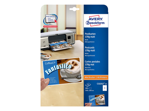 [TIM-C32252] Postkaart Avery 4/blad 148x105mm 170g (25)