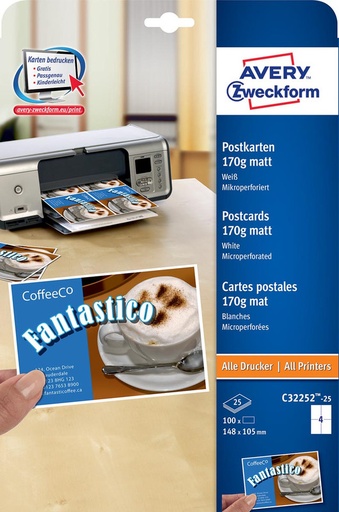 [TIM-C32252] Postkaart Avery 4/blad 148x105mm 170g (25)