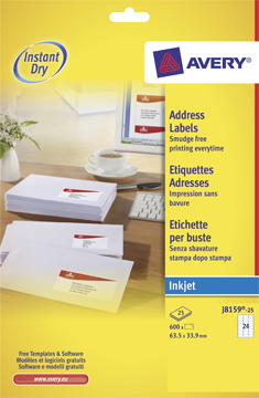 [TIM-J815925] Etiketten Avery Address 24 etik/bl 63,5x33,9mm voor inkjet wit (25)
