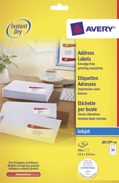 [TIM-J815940] Etiketten Avery Address 24 etik/bl 63,5x33,9mm voor inkjet wit (40)