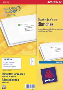 [TIM-J816040] Etiketten Avery Address 21 etik/bl 63,5x38,1mm voor inkjet wit (40)