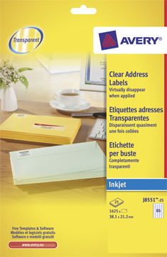 [TIM-J855125] Etiket Avery Address 65 etik/bl 38,1x21,2mm voor inkjet transparant (25)