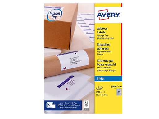 [TIM-JQ8651] Etiketten Avery Address 65 etik/bl 38,1x21,2mm voor inkjet wit (100)