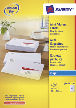 [TIM-JQ8651] Etiketten Avery Address 65 etik/bl 38,1x21,2mm voor inkjet wit (100)
