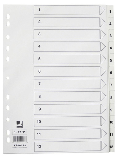 [TIM-KF00178] Tabbladen Q-Connect PP A4 11-gaats 1-12 wit (901628)