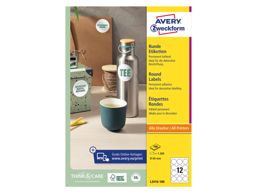 [TIM-L341610] Etiketten Avery permanent klevend 12 etik/bl Ø60mm wit (100)