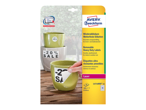 [TIM-L4716R] Etiketten Avery Removable Heavy Duty 48 etik/bl Ø30mm voor laser wit (20)