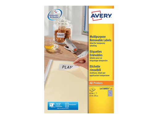 [TIM-L473025] Etiketten Avery Removable 270 etik/bl 17,8x10mm wit (25)