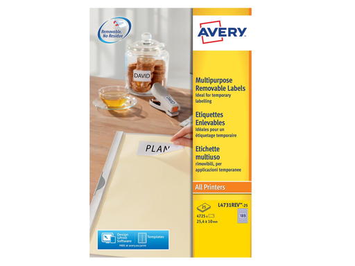 [TIM-L473125] Etiketten Avery Removable 189 etik/bl 25,4x10mm wit (25)