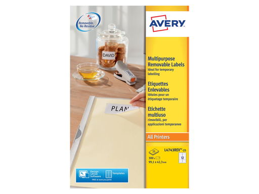 [TIM-L4743] Etiketten Avery Removable 12 etik/bl 99,1x42,3mm wit (25)