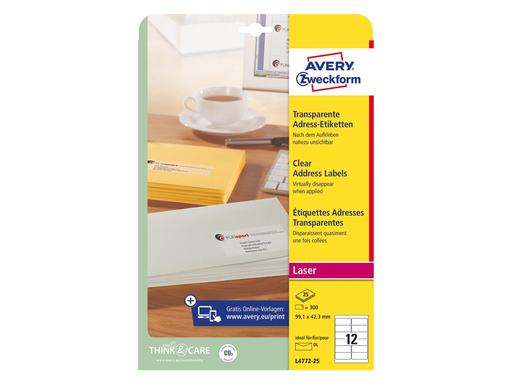 [TIM-L477225] Etiketten Avery 12 etik/bl 99,1x42,3mm voor laser transparant (25)