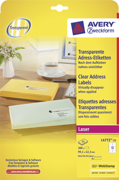 [TIM-L477225] Etiketten Avery 12 etik/bl 99,1x42,3mm voor laser transparant (25)