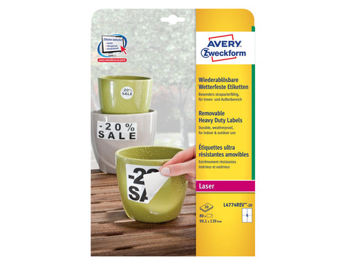 [TIM-L4774R] Etiketten Avery Removable Heavy Duty 04 etik/bl 99,1x139mm voor laser wit (20)